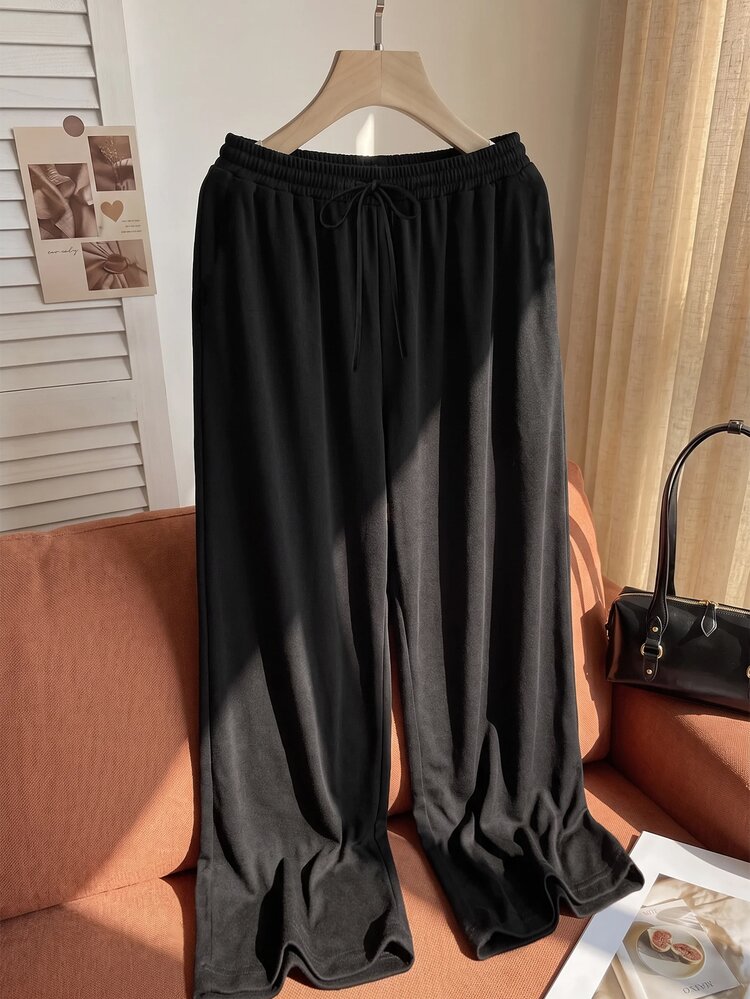 Comfortcana Plus Size Women's Waist Tie Black Casual Home Sweatpants, Autumn/Winter Back To School - Black - View 5