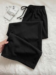Comfortcana 大尺碼女款腰部繫帶黑色休閒居家運動長褲，秋冬返校穿搭 - 黑色 - 查看 9