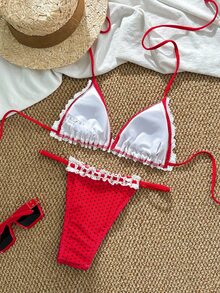 Swim Mod Women's Summer Beach Casual Polka Dot Print Spliced Lace Trim Tie Neck Halter Red Bikini Set - Red - View 2