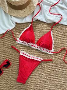 Swim Mod Women's Summer Beach Casual Polka Dot Print Spliced Lace Trim Tie Neck Halter Red Bikini Set - Red - View 3