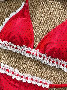 Swim Mod Women's Summer Beach Casual Polka Dot Print Spliced Lace Trim Tie Neck Halter Red Bikini Set - Red - View 5
