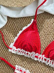 Swim Mod Women's Summer Beach Casual Polka Dot Print Spliced Lace Trim Tie Neck Halter Red Bikini Set - Red - View 4