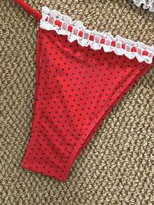 Swim Mod Women's Summer Beach Casual Polka Dot Print Spliced Lace Trim Tie Neck Halter Red Bikini Set - Red - View 6