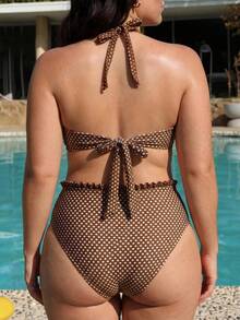 Swim Mod Plus Size 2 Pieces Swimwear Set, Polka Dot Ruched Bandeau Top With Detachable Straps, Ruched Hem Bottoms, 1920s Flapper Holiday Beach Summer Wear - Coffee Brown - View 2
