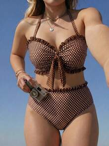 Swim Mod Plus Size 2 Pieces Swimwear Set, Polka Dot Ruched Bandeau Top With Detachable Straps, Ruched Hem Bottoms, 1920s Flapper Holiday Beach Summer Wear - Coffee Brown - View 3