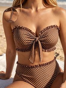 Swim Mod Plus Size 2 Pieces Swimwear Set, Polka Dot Ruched Bandeau Top With Detachable Straps, Ruched Hem Bottoms, 1920s Flapper Holiday Beach Summer Wear - Coffee Brown - View 1