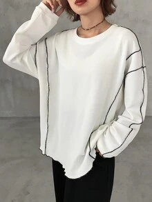 FRIFUL Women's Early Autumn New Korean Style Colorblock Trim Long Sleeve Loose T-Shirt - Beige - View 4
