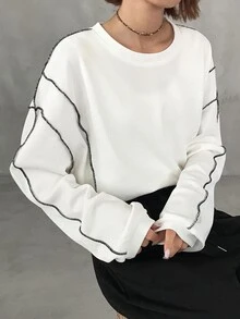 FRIFUL Women's Early Autumn New Korean Style Colorblock Trim Long Sleeve Loose T-Shirt - Beige - View 1