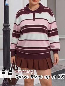 SHEIN CURVE+ Plus Size Fashion Button Half-Placket Striped Colorblock Long Sleeve Sweater Winter - Multicolor - View 1