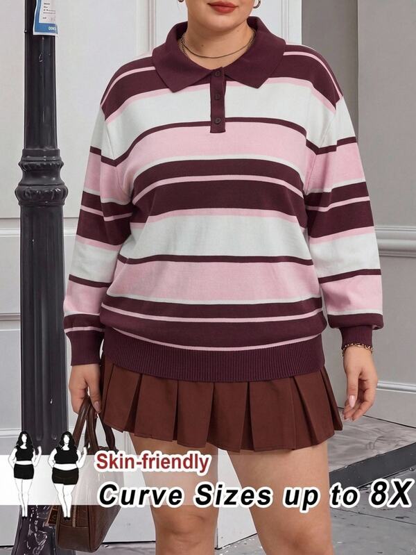 SHEIN CURVE+ เสื้อกันหนาวแขนยาวลายทางสีบล็อกครึ่งกระดุมแฟชั่นไซส์ใหญ่สำหรับฤดูหนาว