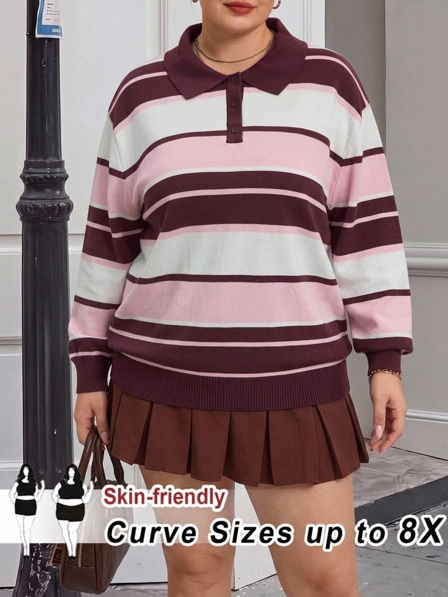 SHEIN CURVE+ Plus Size Fashion Button Half-Placket Striped Colorblock Long Sleeve Sweater Winter - Multicolor - View 1