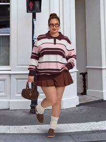 SHEIN CURVE+ Plus Size Fashion Button Half-Placket Striped Colorblock Long Sleeve Sweater Winter - Multicolor - View 8