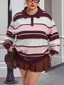 SHEIN CURVE+ Plus Size Fashion Button Half-Placket Striped Colorblock Long Sleeve Sweater Winter - Multicolor - View 3