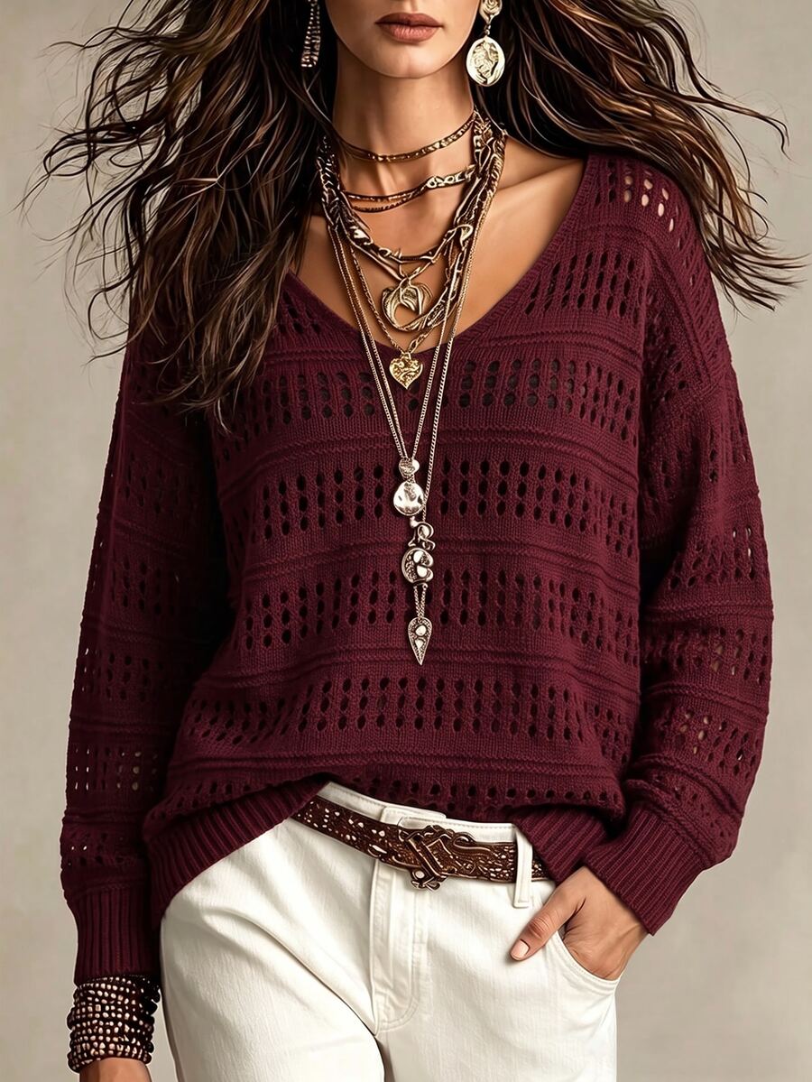 Trelyra Sweater Longgar Lengan Panjang Berlubang dengan Detail Renda Kontras untuk Wanita - Merah - View 1