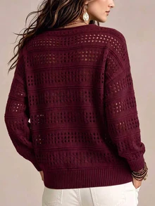 Trelyra Sweater Longgar Lengan Panjang Berlubang dengan Detail Renda Kontras untuk Wanita - Merah - View 2