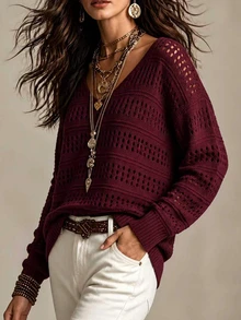 Trelyra Sweater Longgar Lengan Panjang Berlubang dengan Detail Renda Kontras untuk Wanita - Merah - View 3