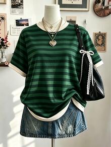 Lalippa Women's Crew Neck Short-Sleeve T-Shirt With Color-Block Striped Print Casual Basic Style - Multicolor - View 1