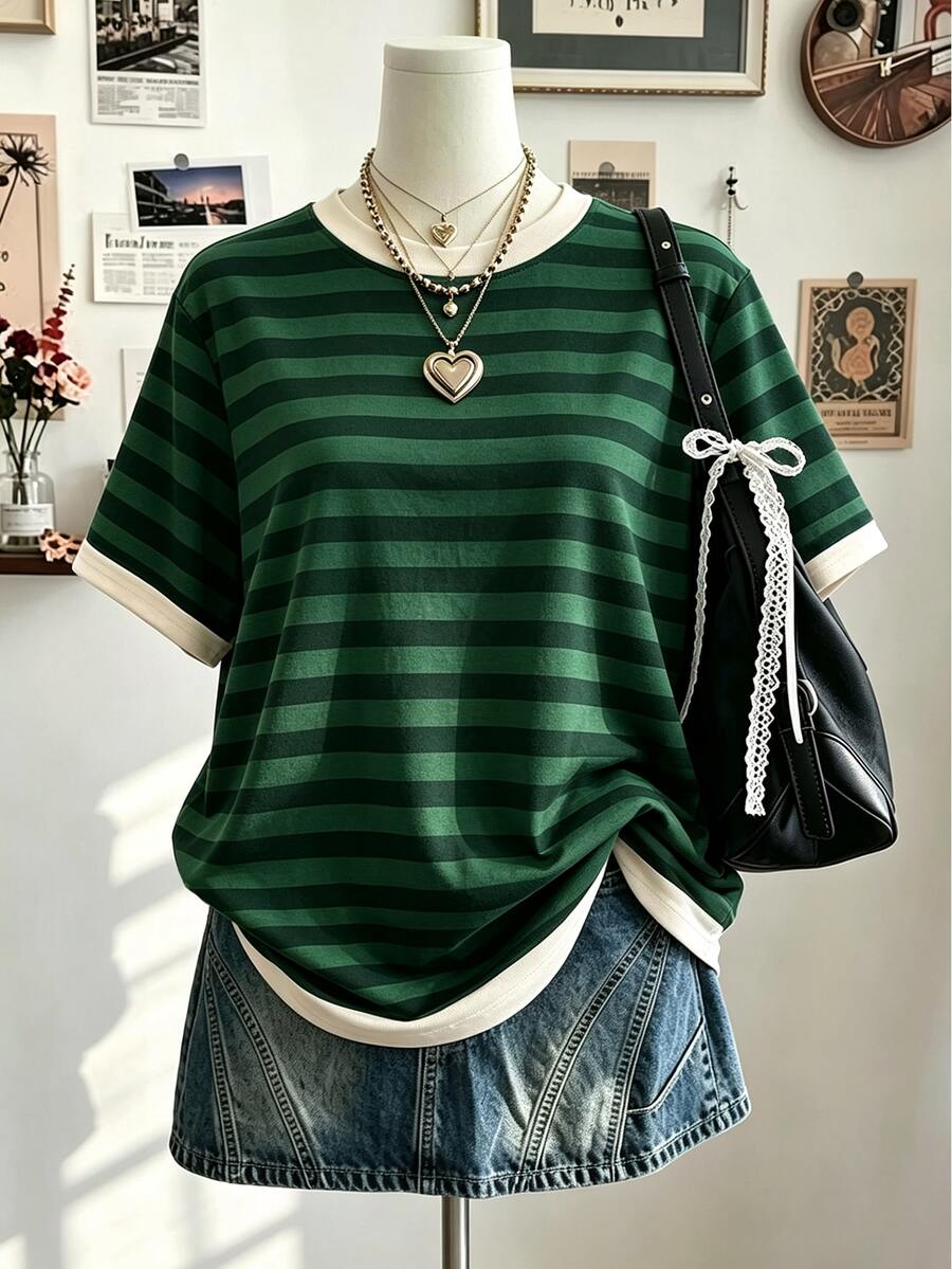 Lalippa Women's Crew Neck Short-Sleeve T-Shirt With Color-Block Striped Print Casual Basic Style - Multicolor - View 1