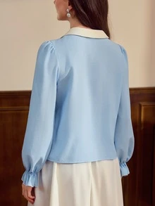 Vintamour 復古法式浪漫優雅女款襯衫，刺繡對比鈕扣，適合教師節派對、早午餐、茶會、辦公室，2026夏季上衣，藍色花卉 - 淺藍色 - 查看 8