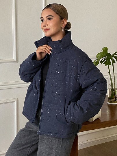 Livesso Women Winter Zip Up Puffer Coat Fall Everyday Going Out Navy Blue Casual Streetwear