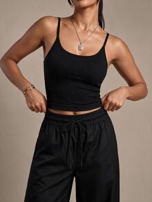 SHEIN Sports Women's Solid Color Seamless Daily Wear Sports Camisole Tank Top Gym Black Summer Athleisure Athletic - Black - View 2