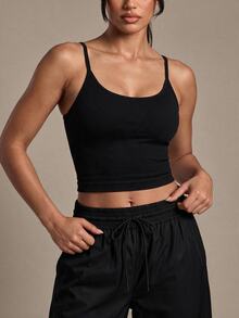 SHEIN Sports Women's Solid Color Seamless Daily Wear Sports Camisole Tank Top Gym Black Summer Athleisure Athletic - Black - View 4