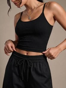 SHEIN Sports Women's Solid Color Seamless Daily Wear Sports Camisole Tank Top Gym Black Summer Athleisure Athletic - Black - View 3