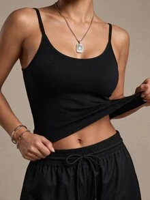SHEIN Sports Women's Solid Color Seamless Daily Wear Sports Camisole Tank Top Gym Black Summer Athleisure Athletic - Black - View 5