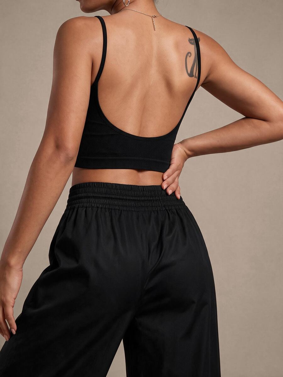 SHEIN Sports Women's Solid Color Seamless Daily Wear Sports Camisole Tank Top Gym Black Summer Athleisure Athletic - Black - View 1