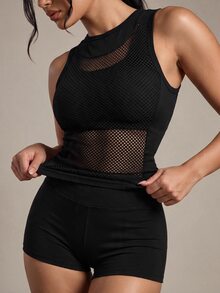 Exploreva Exploreva Women's Seamless Solid Color Mesh Sheer Round Neck Fitted Sleeveless Fitness Yoga Sports Tank Top - Black - View 1