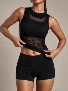 Exploreva Exploreva Women's Seamless Solid Color Mesh Sheer Round Neck Fitted Sleeveless Fitness Yoga Sports Tank Top - Black - View 5