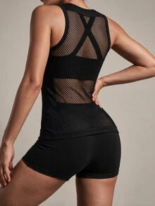 Exploreva Exploreva Women's Seamless Solid Color Mesh Sheer Round Neck Fitted Sleeveless Fitness Yoga Sports Tank Top - Black - View 2