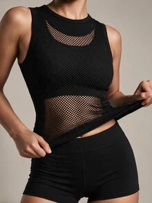 Exploreva Exploreva Women's Seamless Solid Color Mesh Sheer Round Neck Fitted Sleeveless Fitness Yoga Sports Tank Top - Black - View 3