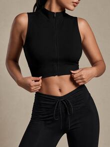 Easithlete Easithlete Zip Up Crop Sports Tank Top Fitted Shirtworkout Tank Top - Black - View 3