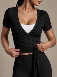 Sovereign Charm Spring Summer Women's Sports Top With Lace-Up Front Opening Short Sleeve Slub Stretch Fabric Fashionable Versatile Daily Casual Athleisure Gym - Black - View 1
