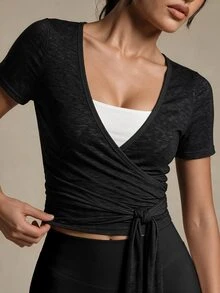 Sovereign Charm Spring Summer Women's Sports Top With Lace-Up Front Opening Short Sleeve Slub Stretch Fabric Fashionable Versatile Daily Casual Athleisure Gym - Black - View 7