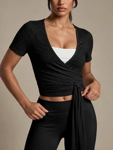 Sovereign Charm Spring Summer Women's Sports Top With Lace-Up Front Opening Short Sleeve Slub Stretch Fabric Fashionable Versatile Daily Casual Athleisure Gym - Black - View 5