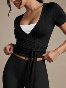 Sovereign Charm Spring Summer Women's Sports Top With Lace-Up Front Opening Short Sleeve Slub Stretch Fabric Fashionable Versatile Daily Casual Athleisure Gym - Black - View 3