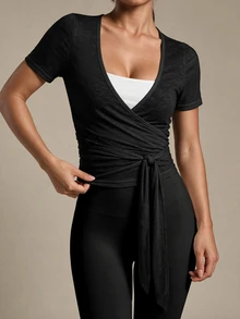 Sovereign Charm Spring Summer Women's Sports Top With Lace-Up Front Opening Short Sleeve Slub Stretch Fabric Fashionable Versatile Daily Casual Athleisure Gym - Black - View 6