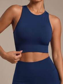 SHEIN Yoga Trendy Ribbed Knit Crop Sports Cami Top Fitted Shirtworkout Tank Top - Navy Blue - View 6