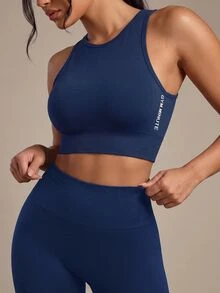 SHEIN Yoga Trendy Ribbed Knit Crop Sports Cami Top Fitted Shirtworkout Tank Top - Navy Blue - View 3
