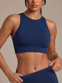SHEIN Yoga Trendy Ribbed Knit Crop Sports Cami Top Fitted Shirtworkout Tank Top - Navy Blue - View 7