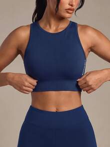 SHEIN Yoga Trendy Ribbed Knit Crop Sports Cami Top Fitted Shirtworkout Tank Top - Navy Blue - View 4