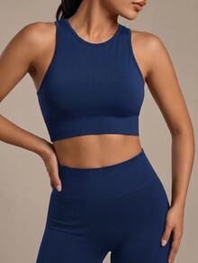 SHEIN Yoga Trendy Ribbed Knit Crop Sports Cami Top Fitted Shirtworkout Tank Top - Navy Blue - View 5