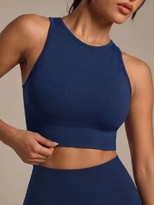 SHEIN Yoga Trendy Ribbed Knit Crop Sports Cami Top Fitted Shirtworkout Tank Top - Navy Blue - View 1