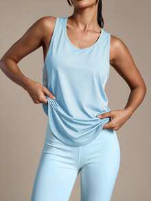 Powerista Top deportivo casual de mujer de unicolor con parches de malla - Celeste - Ver 8