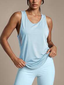 Powerista Top deportivo casual de mujer de unicolor con parches de malla - Celeste - Ver 5