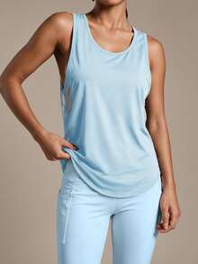 Powerista Top deportivo casual de mujer de unicolor con parches de malla - Celeste - Ver 4