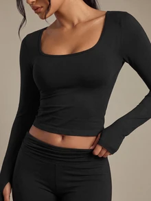 Costa Lumi Seamless Knit Long Sleeve Thumbhole Square Neck Sports T-Shirt Tank Top Gym Black Autumn Modest Athleisure - Black - View 5