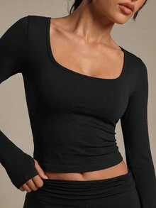 Costa Lumi Seamless Knit Long Sleeve Thumbhole Square Neck Sports T-Shirt Tank Top Gym Black Autumn Modest Athleisure - Black - View 4